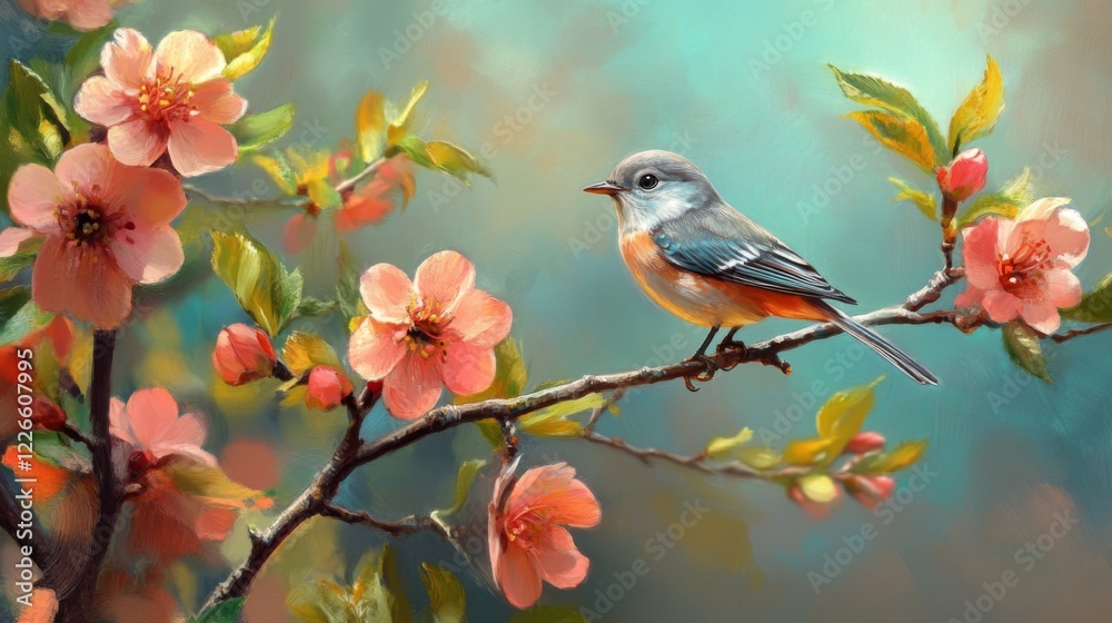 Poster a bird perched on the branch of a young tree, surrounded by colorful spring blossoms.