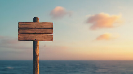 An aged wooden signpost with several blank planks stands on a cliffside overlooking the vast ocean at sunset. The sky transitions from deep blue to warm amber, with scattered clouds catching the last