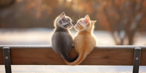 Kittens on a Snowy Bench. Two Fluffy Cats Sitting Close Together in Winter Light. Gentle Snowflakes Add a Magical and Cozy Atmosphere. Perfect for Winter, Friendship, and Holiday Themes. AI generated