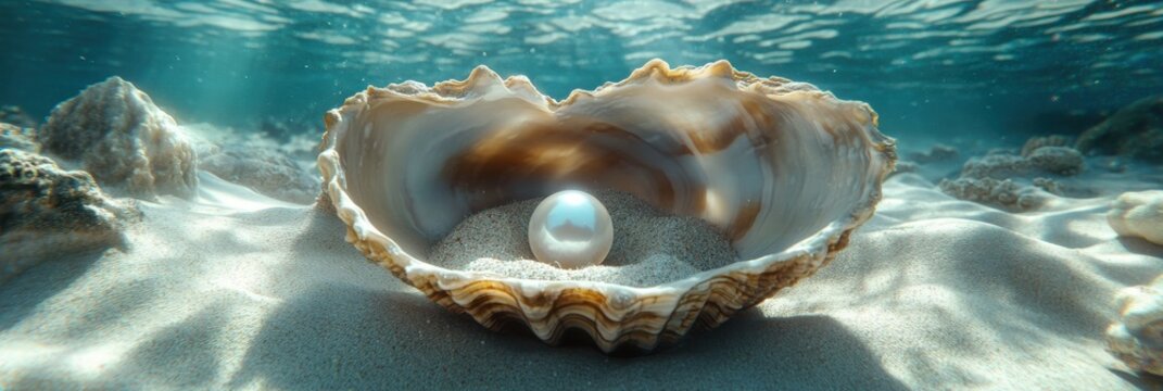 A large, open shell sits on the sandy ocean floor, showcasing a luminous pearl beneath shimmering water.