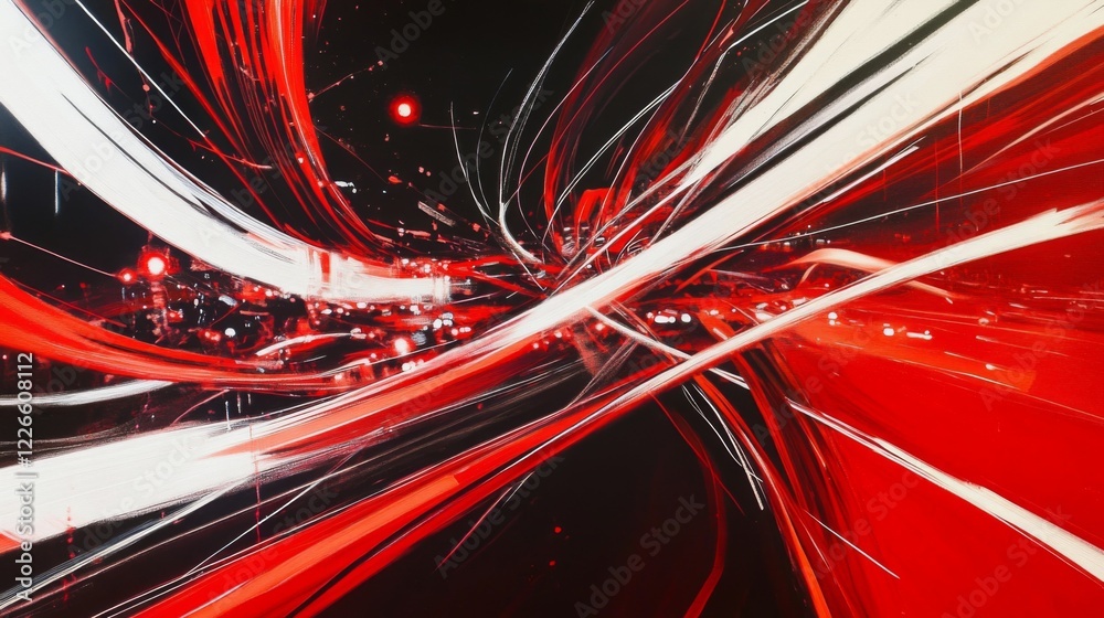 Poster a busy motorway at night, with long-exposure light trails from cars creating dynamic lines of red an