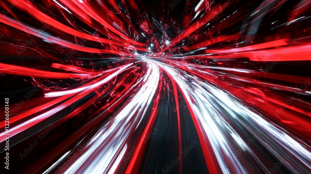 Poster a busy motorway at night, with long-exposure light trails from cars creating dynamic lines of red an