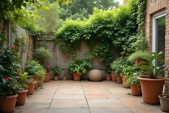 Small backyard tiled terrace of a coutryside house with flower pots and some greenery behide the fence with copy space