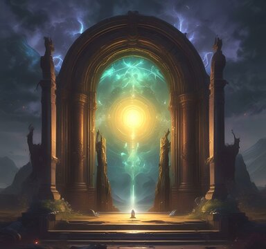 Illustration of glowing portal in new dimension.
