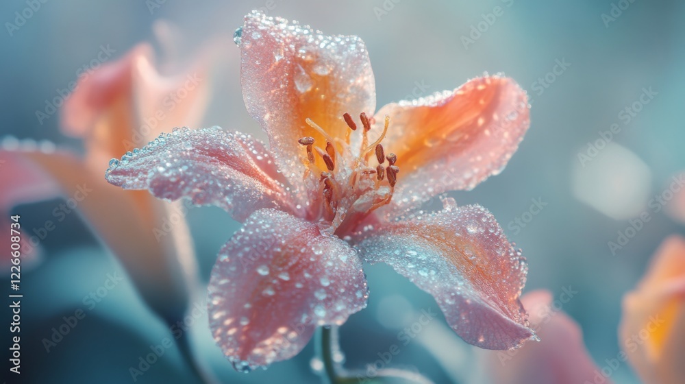 Poster a close-up of a colorful flower with dew-covered petals, captured with soft focus and a light mist i