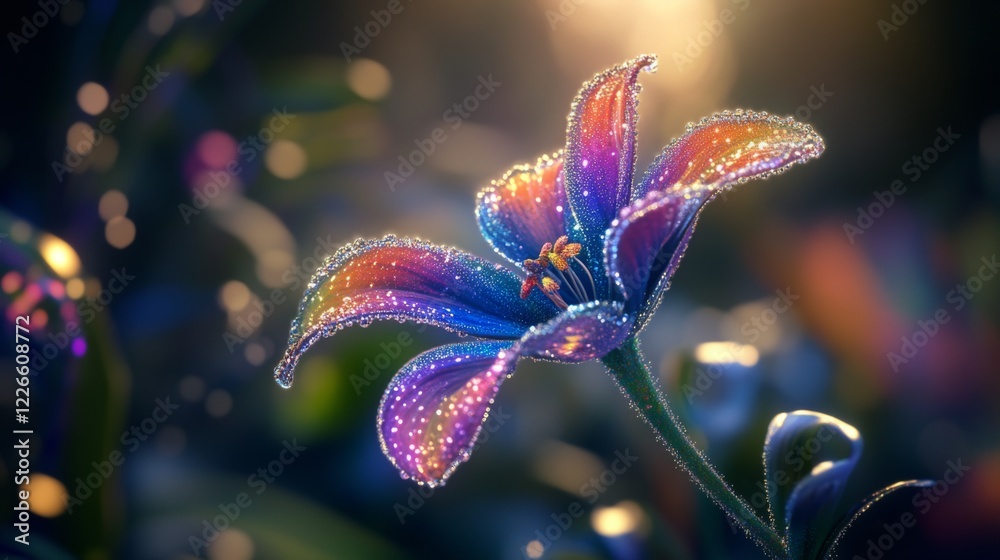 Poster a close-up of a colorful flower with dew-covered petals, captured with soft focus and a light mist i