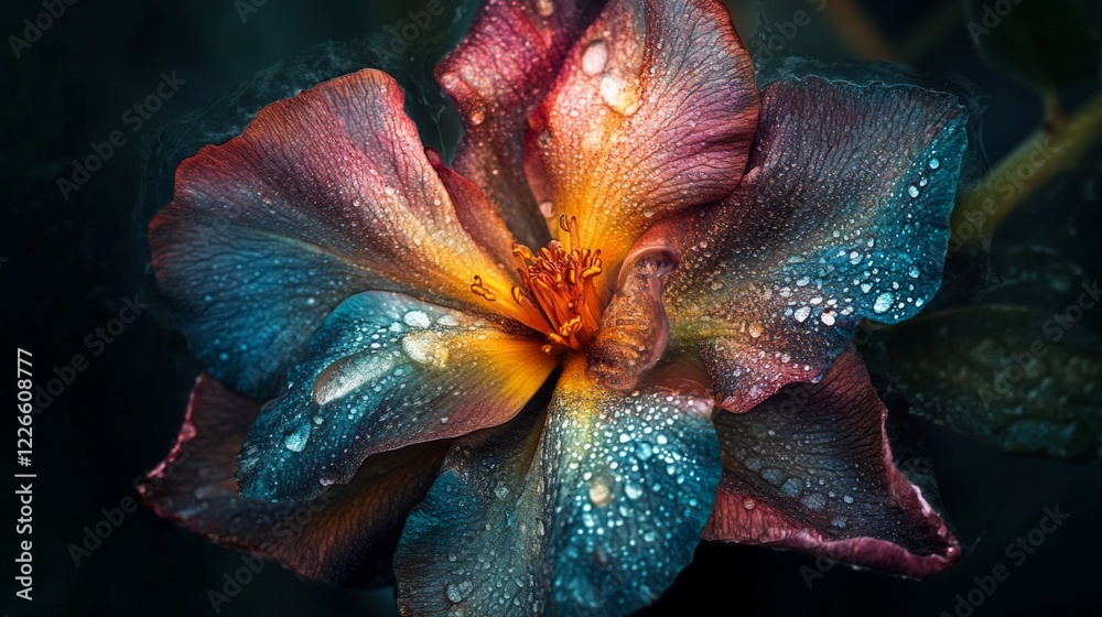 Poster A close-up of a colorful flower with dew-covered petals, captured with soft focus and a light mist in the background.