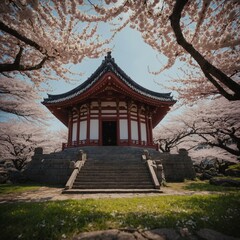 A temple surrounded by cherry blossoms.