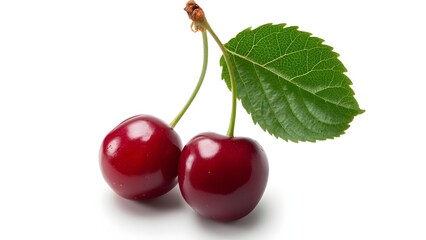 Fresh Red Cherries with Green Leaf Isolated on White
