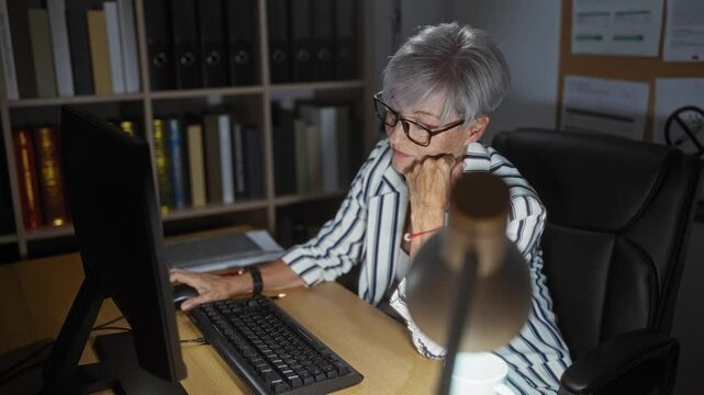 Mature woman with grey hair working late in an office, looking tired and wearing glasses, while sitting in front of a computer with shelves of books and folders in the background