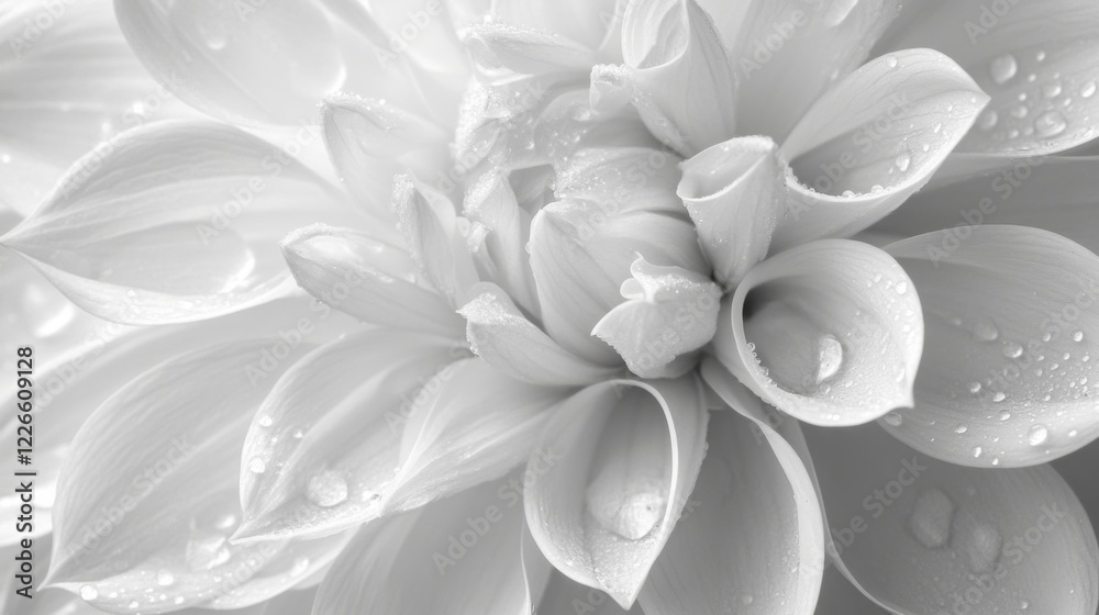 Poster a close-up of a flower with clear water droplets gently resting on its petals, creating a serene, tr