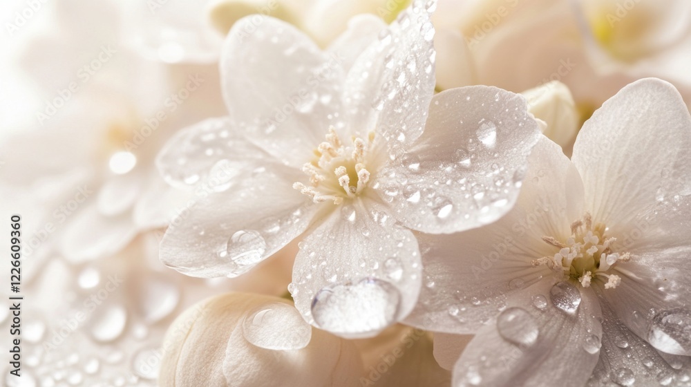 Poster A close-up of a flower with clear water droplets gently resting on its petals, creating a serene, tranquil mood in nature.