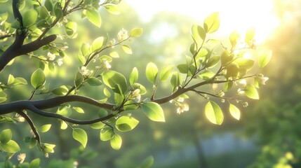 Obraz premium Sunlit Branch with Green Leaves and Blossoms in Soft Focus Atmosphere