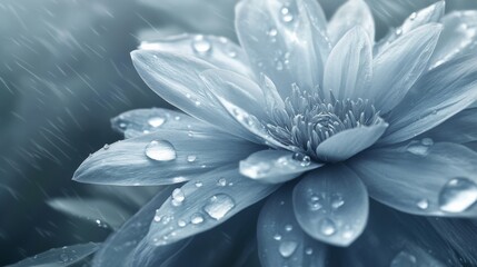 Obraz premium A close-up of a flower with clear water droplets gently resting on its petals, creating a serene, tranquil mood in nature.