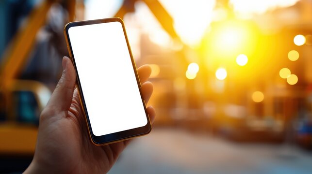 Showcasing smartphone in hand at construction site during golden hour lifestyle image urban environment close-up perspective - Powered by Adobe