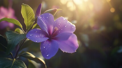 A close-up of a purple flower with water droplets on its petals, illuminated by soft sunlight breaking through the leaves.