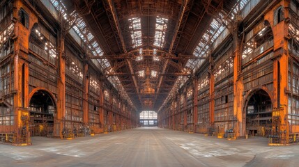 Fototapeta premium Vast Abandoned Warehouse with Rusty Beams and Faded Glory