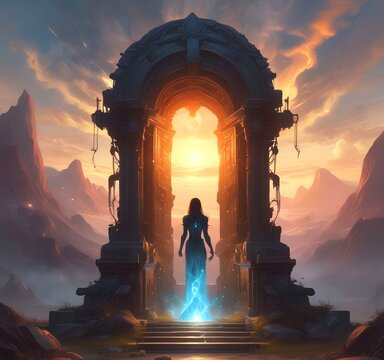 Illustration of glowing portal in new dimension.