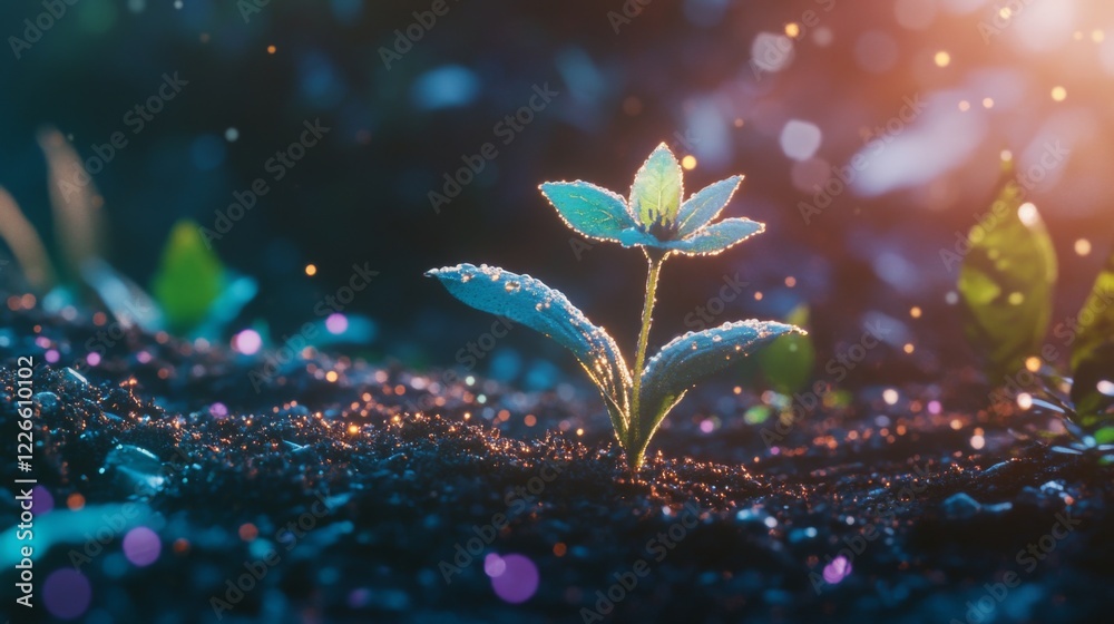 Poster a close-up of a tiny green seedling sprouting from rich, dark soil, illuminated by soft sunlight in 