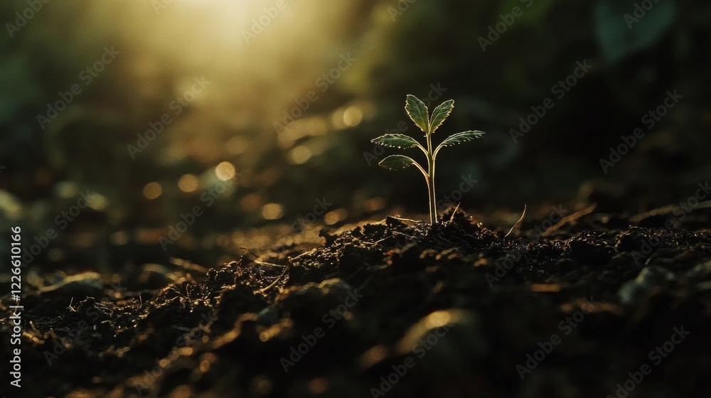 Poster a close-up of a tiny green seedling sprouting from rich, dark soil, illuminated by soft sunlight in 