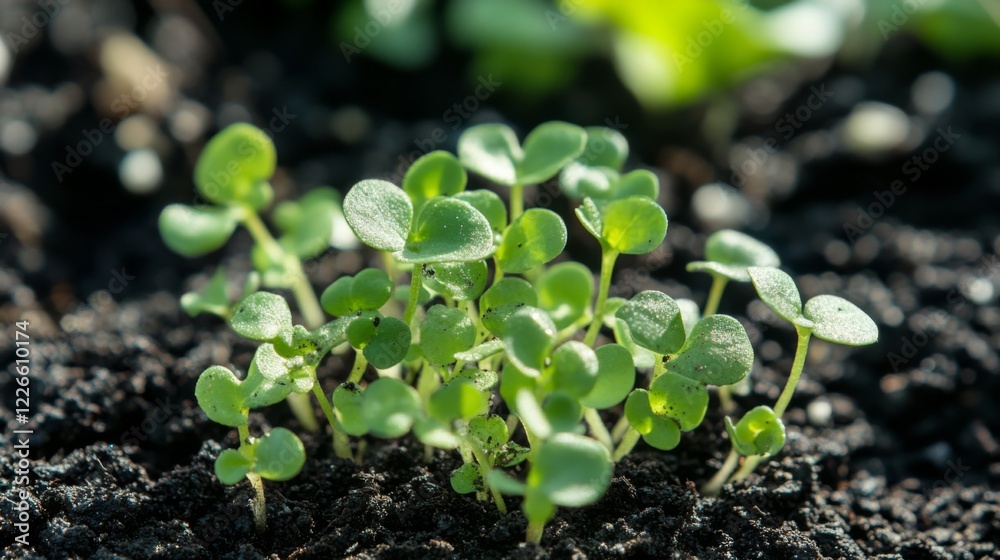 Poster a close-up of a tiny green seedling sprouting from rich, dark soil, illuminated by soft sunlight in 