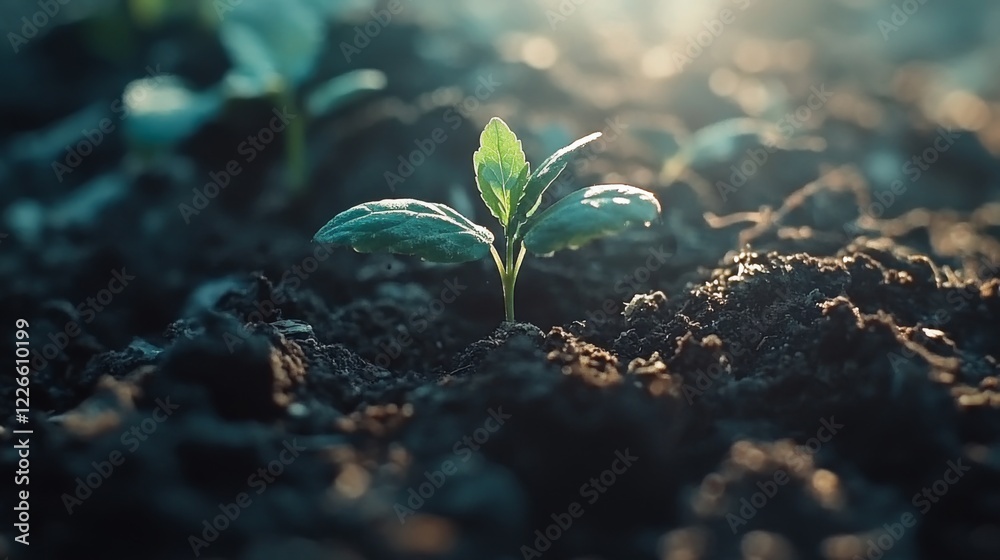 Poster a close-up of a tiny green seedling sprouting from rich, dark soil, illuminated by soft sunlight in 