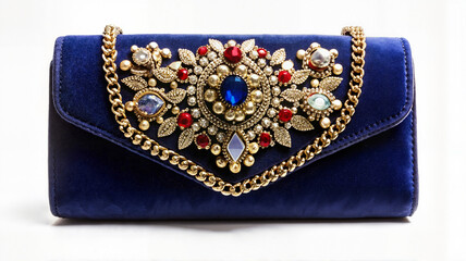 Blue velvet clutch with intricate gold chain and beaded pattern