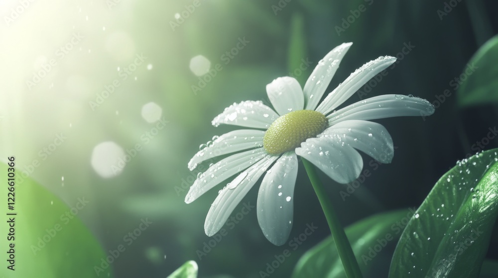Poster A close-up of a white daisy with dew drops resting on its petals, with soft light filtering through the background leaves.