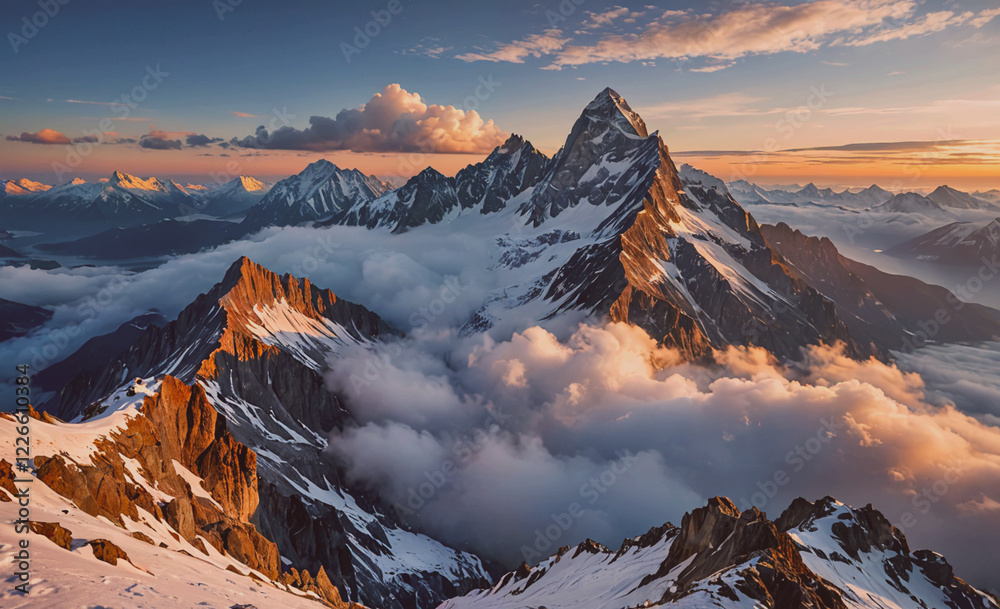 Poster the mountains are covered in snow and the sky is filled with clouds. the sun is setting, casting a w