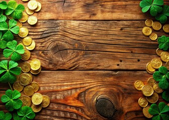 Rustic St. Patrick's Day Border: Shamrocks & Gold Coins on Wood