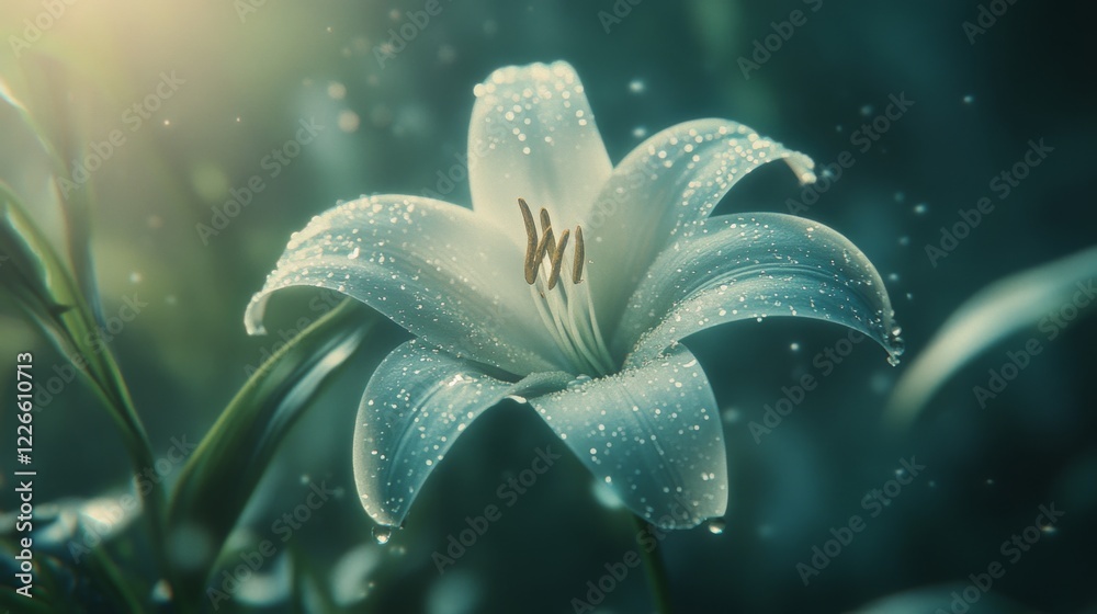 Poster a close-up of a white lily with water droplets glistening on its soft petals, surrounded by greenery