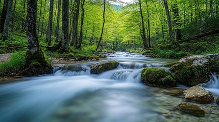 Fototapeta premium A tranquil river flowing through a forest representing serenity, with gentle currents and soft light, inviting peace and mindfulness