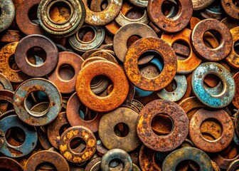 Rusty Metal Washers: Abstract Close-up with Light and Shadow Play, Construction Detail
