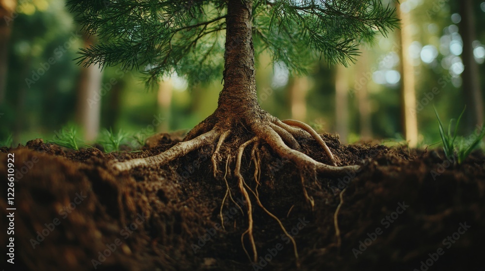 Poster a close-up of a young tree's roots taking hold in the earth, highlighting its stability and connecti