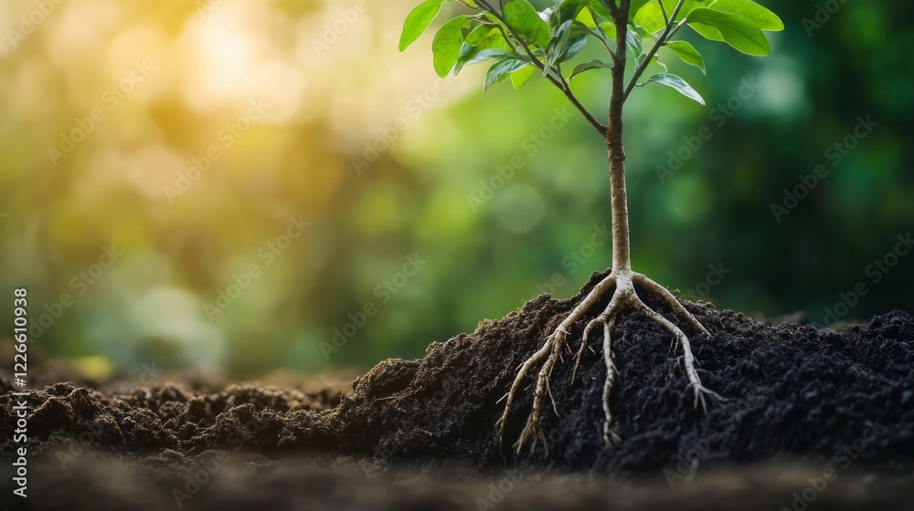 Poster a close-up of a young tree's roots taking hold in the earth, highlighting its stability and connecti
