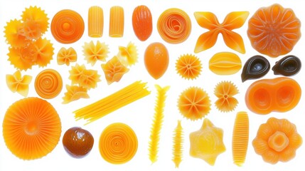Colorful assortment of yellow and orange decorative pasta shapes