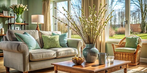 Serene Living Room Interior: Sofa, Armchair & Willow Branch Vase