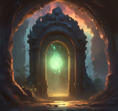 Illustration of glowing portal in new dimension.