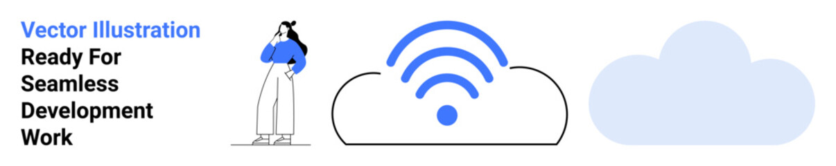 Woman pondering next to cloud icon with wireless signal illustration, symbolizing connectivity, cloud storage, and technology. Ideal for cloud computing, data hosting, tech blogs, telecommunications