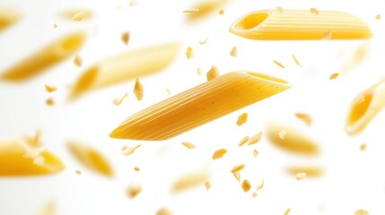 Falling Penne Pasta with Light Background and Flourishing Ingredients