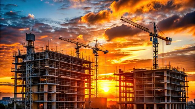 Silhouette of New Apartment Building Construction at Sunset, England UK
