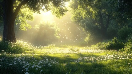 Obraz premium A tranquil meadow at dawn representing renewal, with dew-kissed grass and soft light, inviting feelings of peace and rebirth 