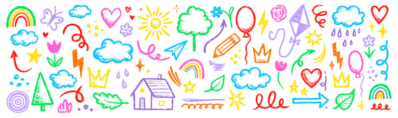 Kid crayon chalk line cloud, flower children element set. Hand drawn crayon doodle sketch childish element set. Chalk heart, cloud, flower color cute design element background. Vector illustration