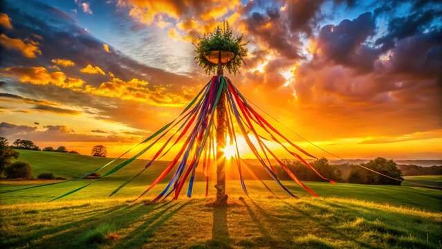 Silhouetted Maypole with Dancing Ribbons at Sunset - Stock Photo