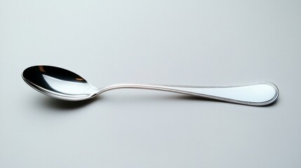 A gleaming silver spoon with detailed edges rests on a plain surface