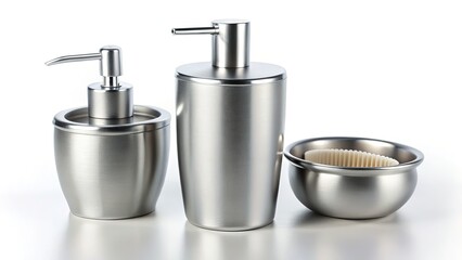 Sleek Silver Metal Bathroom Accessories: Toothbrush Holder, Soap Dish, Shower Gel Dispenser