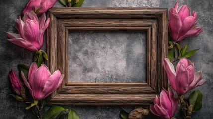 Elegant Wooden Frame Surrounded by Pink Magnolia Flowers and Leaves