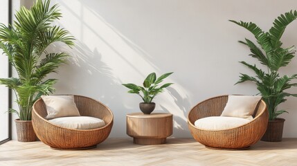 Cozy Modern Living Space with Rattan Chairs and Green Plants