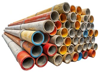 Stack of Asbestos Cement Pipes on Construction Site - Isolated White Background