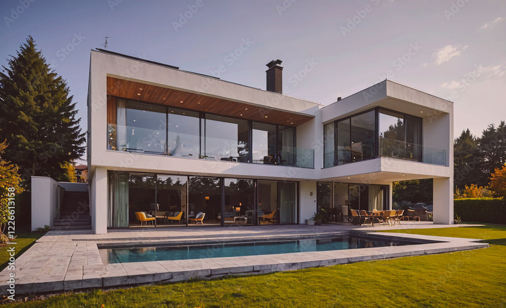 Aufkleber a large white house with a pool and a large glass window. the house is surrounded by trees and has a